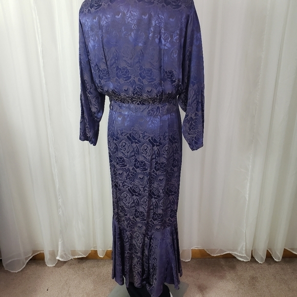 Vintage B.B. Collections purple floral wrap dress covered button mermaid hem 12 - Picture 10 of 14